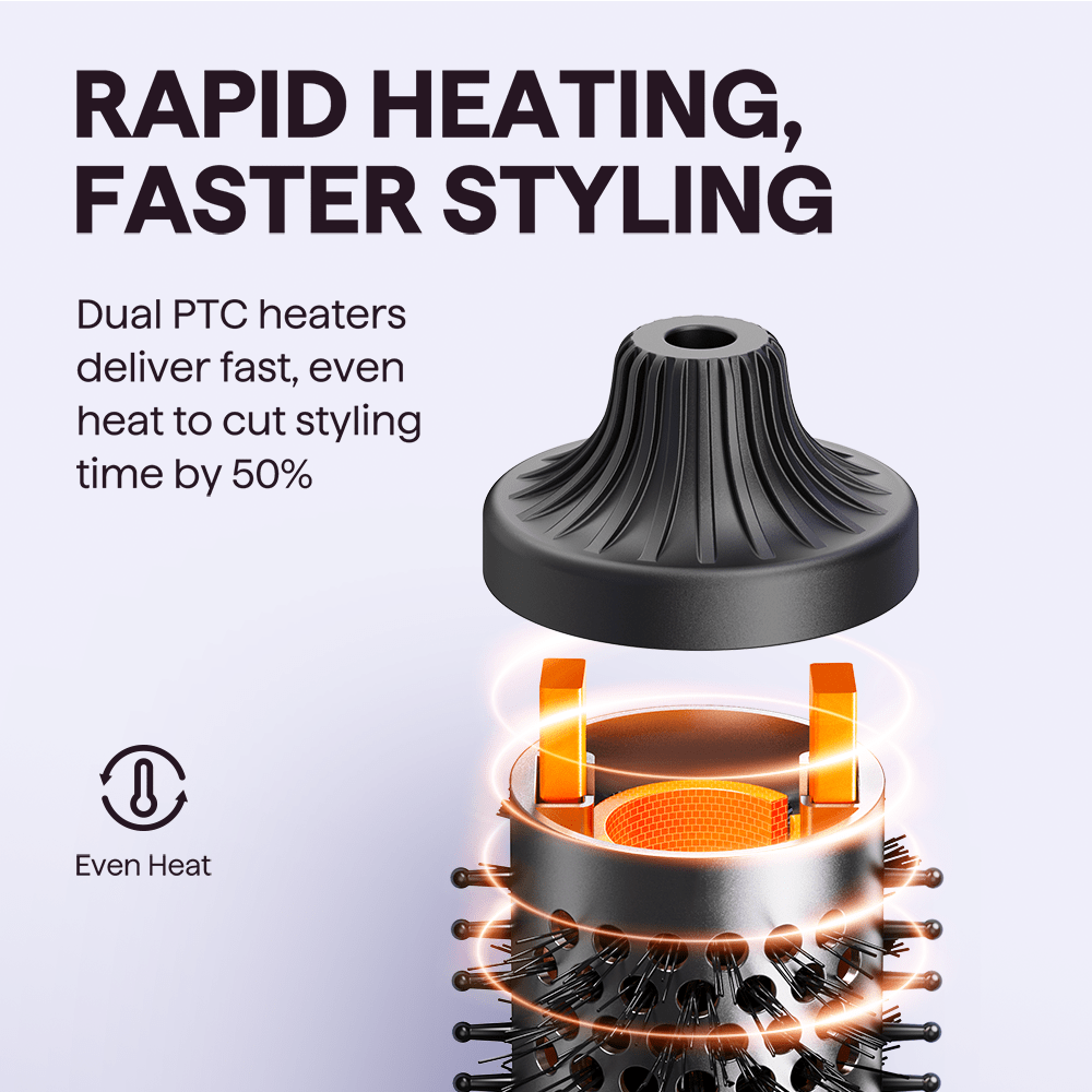 Black Blowout Boost Grande with dual PTC heaters and text about rapid heating and faster styling.
