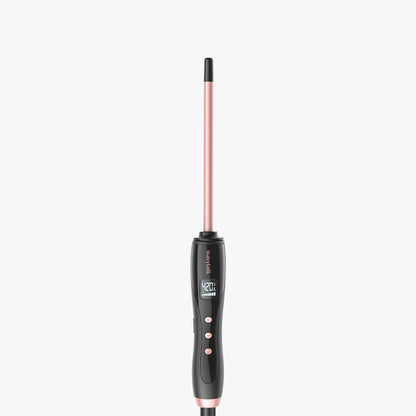 A rose gold Micro Wave hair curler with a digital temperature readout.