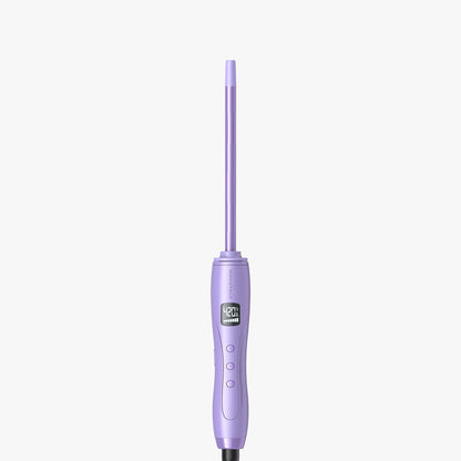 A purple Micro Wave hair curler with a digital temperature readout.