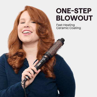 Woman using the Thermal Brush attachment from the Multi Curl 5-in-1 set with text 'One-Step Blowout' on a light gray background