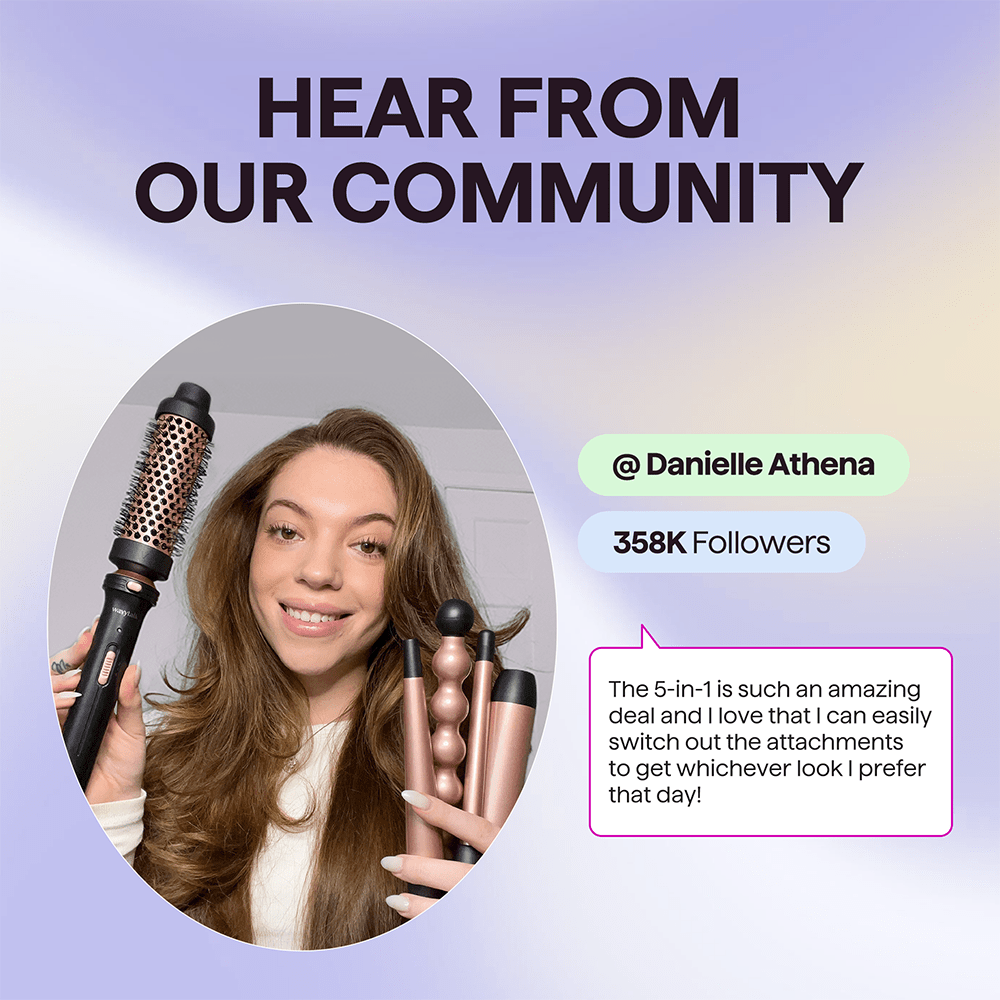 A happy woman holding the Multi Curl 5-in-1 hair styling set, featuring a text overlay highlighting positive community feedback and social media engagement.