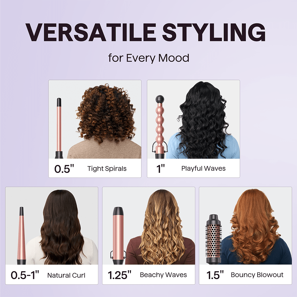 Rose gold Pink Multi Curl 5-in-1 set with different tools for various hairstyles on a light purple background.