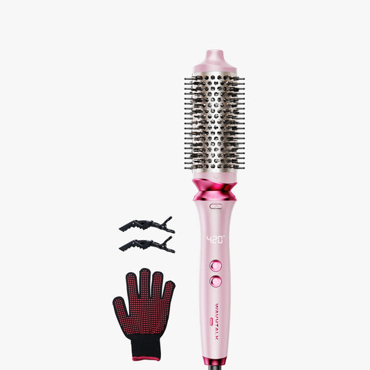 Pink hair styling tool with attachments on a white background