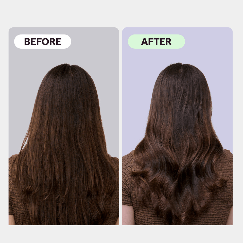 Before and after comparison of hair treatment on a person with long, dark brown hair by using pink Heatwave Pro