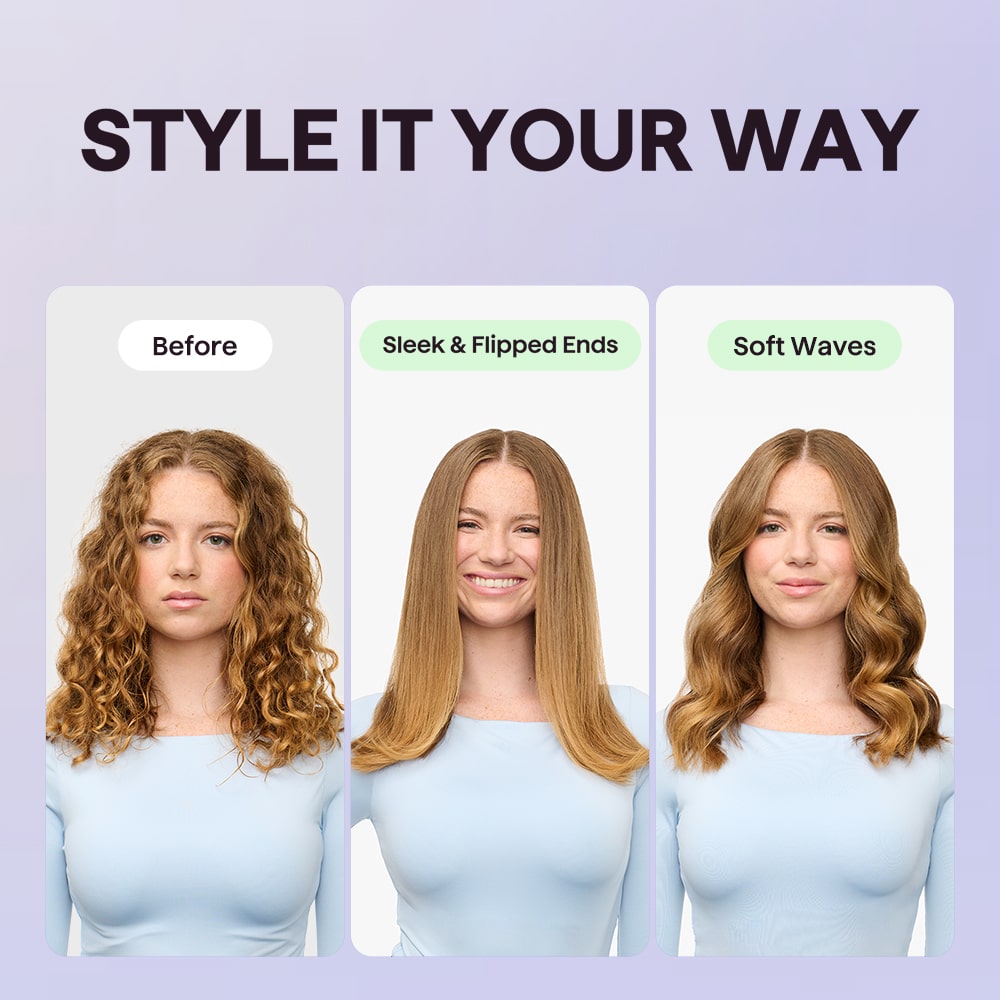 Pink Sleek Sweep hair styling tool showing before and after styling options with the text "Style It Your Way" on a purple background.