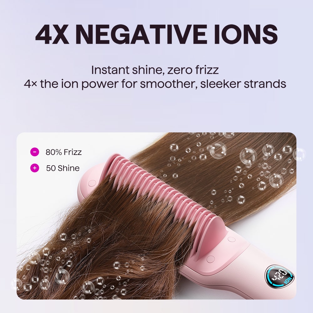 Pink Sleek Sweep hair straightening comb featuring 4X negative ion technology for frizz-free hair, presented on a white background.
