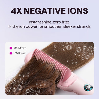 Pink Sleek Sweep hair straightening comb featuring 4X negative ion technology for frizz-free hair, presented on a white background.