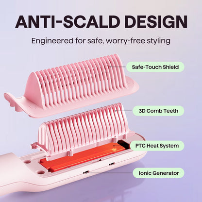 Pink Sleek Sweep hair straightener featuring labeled functional parts and key features on a light purple background.