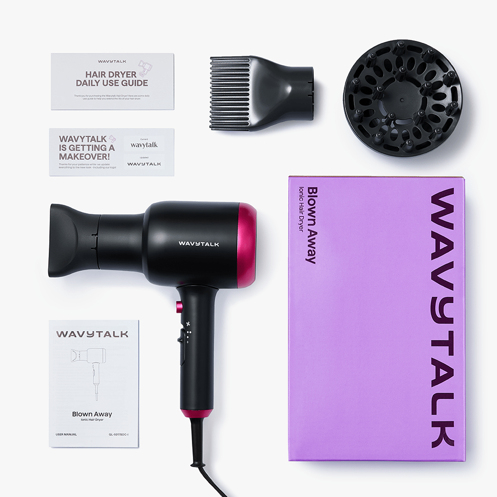 Black Blown Away hair dryer set by Wavytalk, including professional accessories and styling attachments on a white background.
