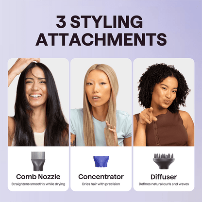 Three women with different hairstyles showcasing three styling attachments on a light purple background.