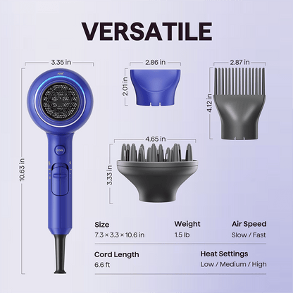 Blue Blown Away hair dryer featuring professional styling attachments and technical specifications on a light purple background.