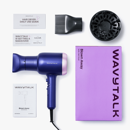 Blue Blown Away hair dryer set by Wavytalk, including professional accessories and styling attachments on a white background.