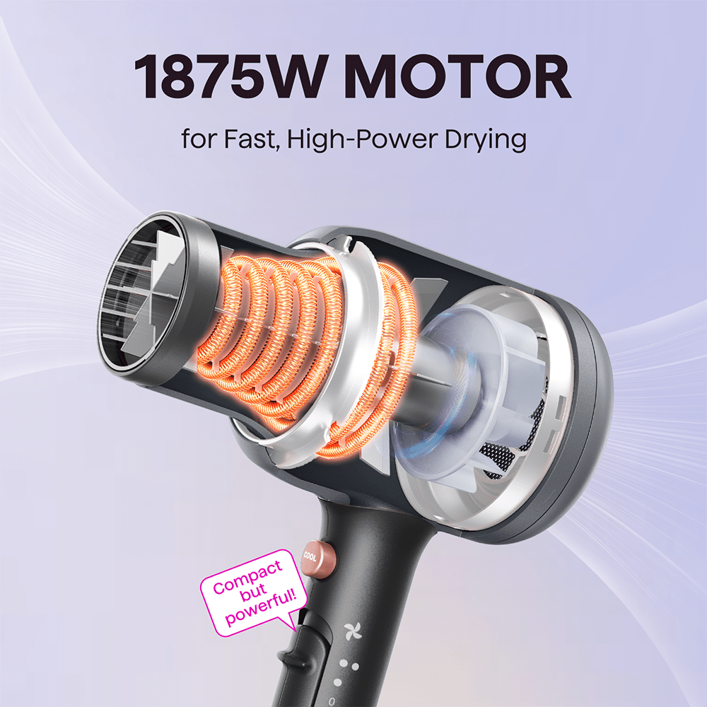 Gray Blown Away hair dryer with a powerful 1875W motor for professional drying, featured on a light purple background.