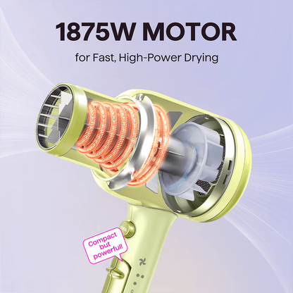 Green Blown Away hair dryer with a powerful 1875W motor for professional drying, featured on a light purple background.
