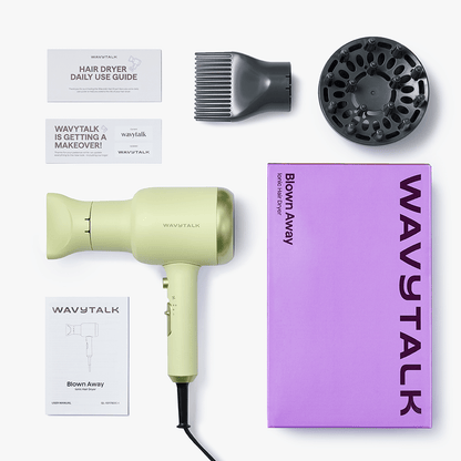 Green Blown Away hair dryer set by Wavytalk, including professional accessories and styling attachments on a white background.