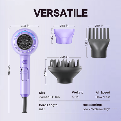 Purple Blown Away with attachments and specifications on a light purple background