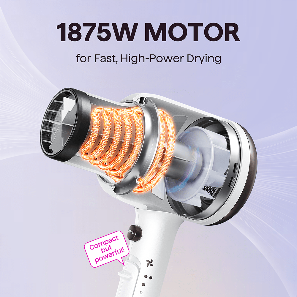 White Blown Away hair dryer held by a woman, featuring the text "Dries 2X Faster" against a light purple background.