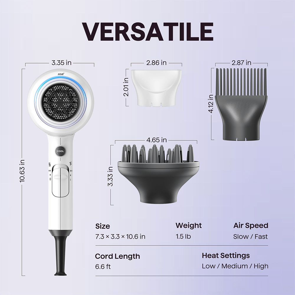 White Blown Away hair dryer featuring professional styling attachments and technical specifications on a light purple background.