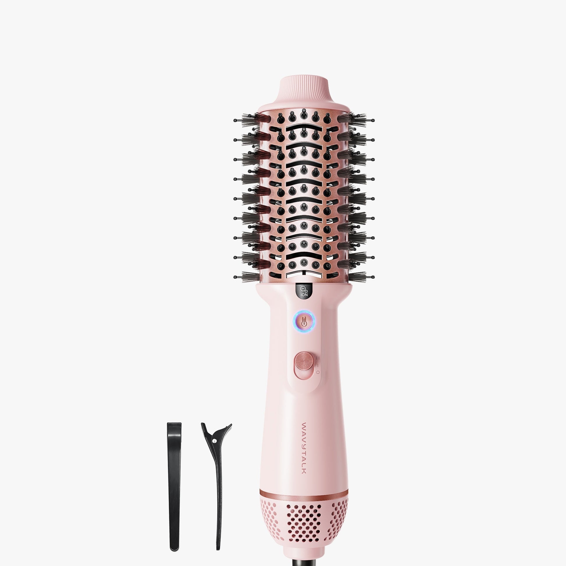 Pink hair styling tool with attachments on a white background