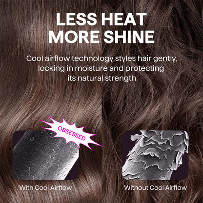 Text overlay on hair showing 'Less Heat More Shine' with close-up images of hair texture with and without cool airflow technology.