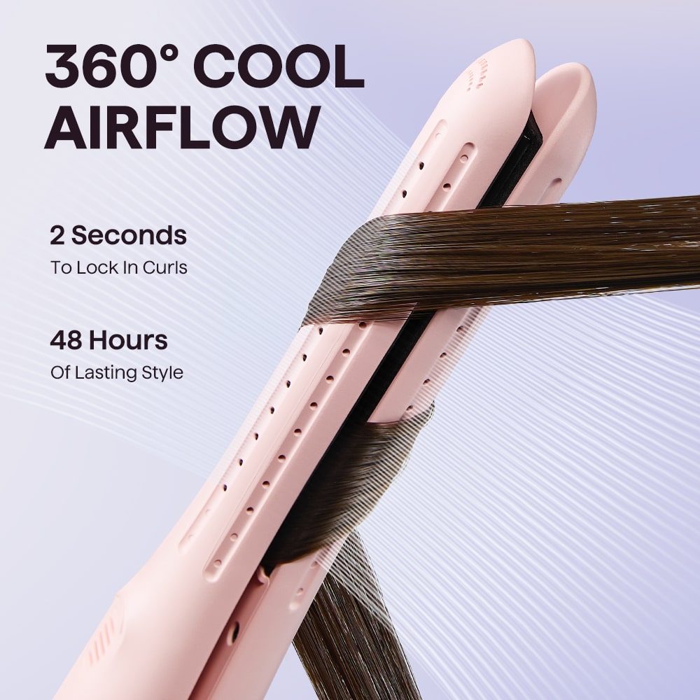 Pink Cool Curl Pencil hair straightener with hair being styled on a light purple background, highlighting '360° Cool Airflow' features.