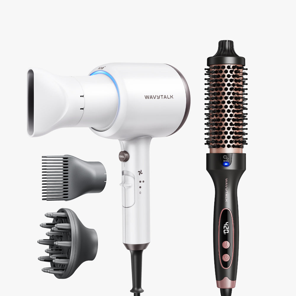White Blown Away and rose gold Blowout Boost display on a white background