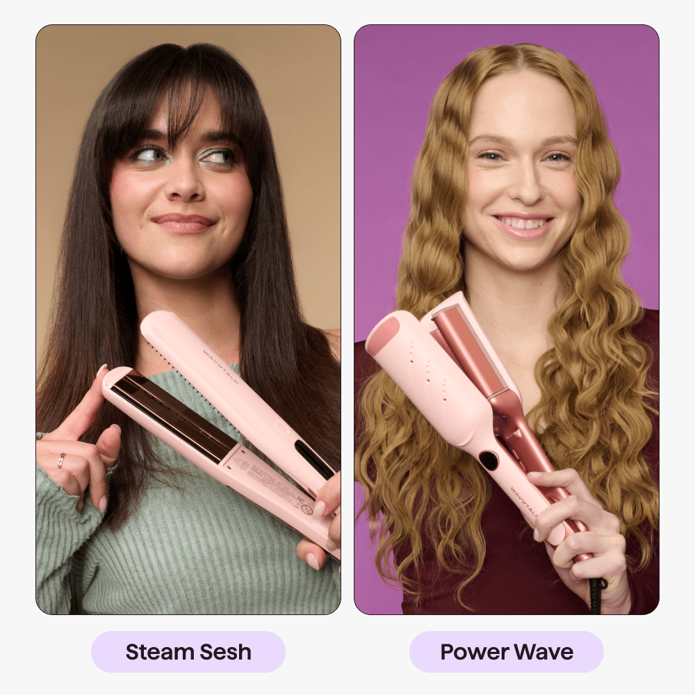 The two women are holding a Steam Sesh and a Power wave respectively, against different background colors.