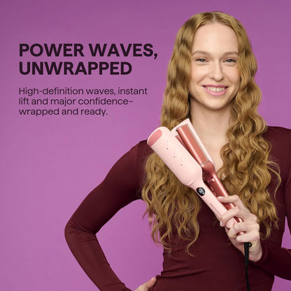 Woman with styled Power wave a hair styling tool against a purple background with promotional text.