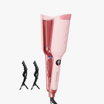 Pink hair straightener with black clips on a white background