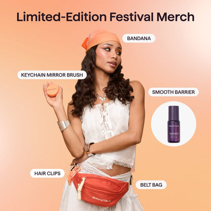 Wavytalk limited-edition festival merch collection featuring a model wearing an orange bandana, belt bag, and hair clips, holding a keychain mirror brush.