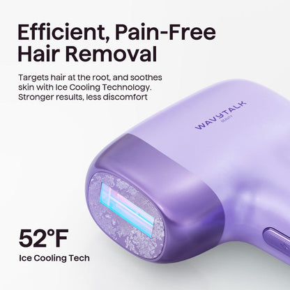 Purple hair removal device with text about efficient, pain-free hair removal and ice cooling technology on a white background.